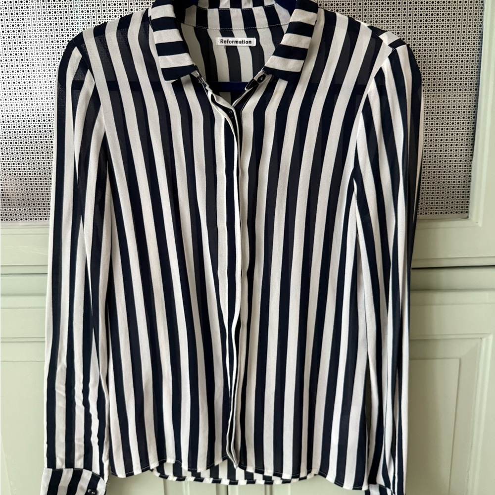 Reformation Navy and White Striped Shirt